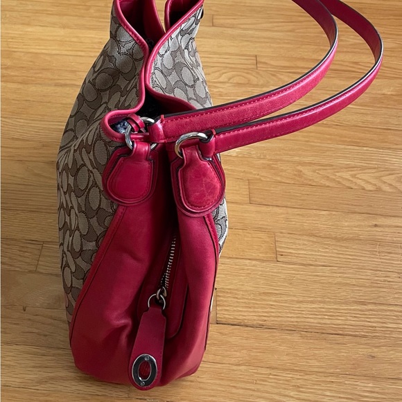 Coach Shoulder Bag.  Canvas & Red Leather. - Picture 3 of 12